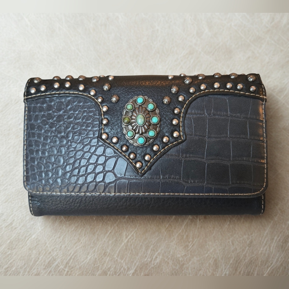 American Bling Western Black Faux Leather Wallet Turquoise Concho Embellishment